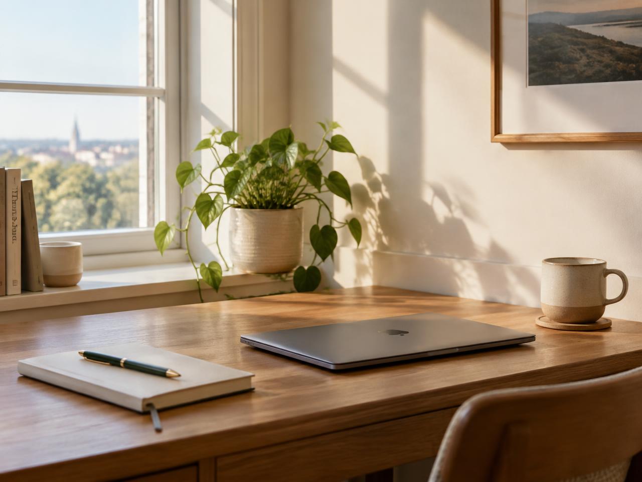 Mesa junto à janela com notebook, caderno e planta (imagem ilustrativa)